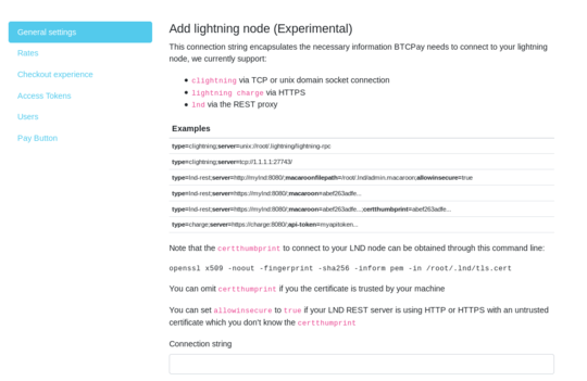 screenshot of store LN payment configuration menu