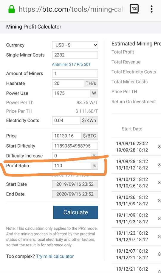 BTC.com mining calculator