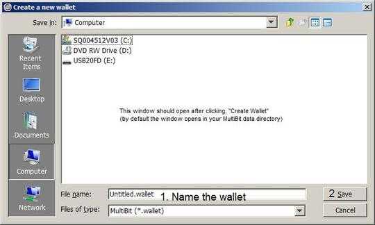 Create new wallet dialog box