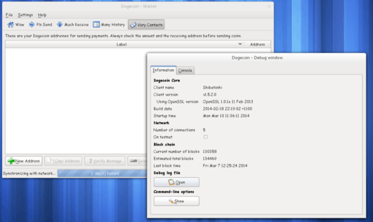 Dogecoin client with debug window open