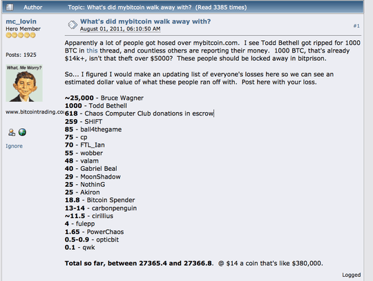 1st post in bitcointalk.org forum thread on 2011 MyBitcoin losses