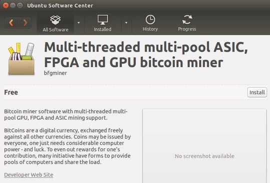Screenshot of “bfgminer” in the Ubuntu Software Center