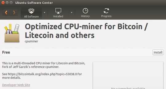 Screenshot of “cpuminer” in the Ubuntu Software Center