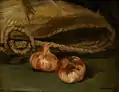 Still life with tote bag and garlic, by Édouard Manet