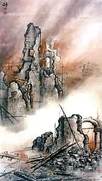 Gao Jianfu (Chinese: 高劍父, 1879–1951), Fire on the Eastern Battlefield, Chinese: 東戰場的烈焰, ink and color on Xuan paper, 1930s, 166 x 92&nbsp;cm. Lingnan School of Painting in Guangzhou Museum of Art, China.