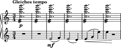 { \new PianoStaff <<
\new Staff \relative c'' { \set Staff.midiInstrument = #"piano" \key c \major \clef treble \time 3/4 \set Score.tempoHideNote = ##t \tempo "Gleiches tempo" 4 = 190
<c g' c g'>2. \p :16 | % 2
<c g' c g'>2. :16 | % 3
<c g' c g'>2. :16 | % 4
<c g' c g'>2. :16| % 5
<c g' c g'>2. :16 | % 6
<c g' c g'>2. :16
}
\new Staff \relative e' { \set Staff.midiInstrument = #"piano" \key c \major \clef treble \time 3/4
R2.*2 | % 3
e2 \mf ( f4 ) | % 4
e2 ( d4 ) | % 5
e4 \< ( g4 e'4 ) | % 6
e4 r2 \! }
>> }