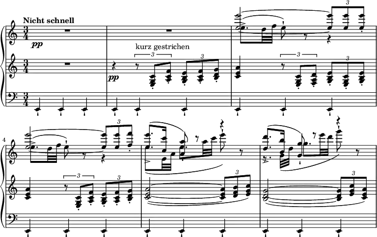 { \new PianoStaff <<
\new Staff <<
\set Score.tempoHideNote = ##t \new Voice \tempo "Nicht schnell" 4 = 120 \relative e'' {
\clef "treble" \key a \minor \stemUp \set Staff.midiInstrument = #"piano" \time 3/4 | % 1
s1. \pp | % 3
<e e'>2 ~ ~ \once \override TupletBracket #'stencil = ##f
\times 2/3 {
<e e'>8 -! <e e'>8 <e e'>8 -.
}
| % 4
<e e'>2 ~ ~ \once \override TupletBracket #'stencil = ##f
\times 2/3 {
<e e'>8 -! <e e'>8 <f f'>8 -.
}
| % 5
<e e'>8. ^( -> <c c'>16 <a a'>8 ) -! r8 r4 | % 6
<d d'>8. ^( -> <b b'>16 <g g'>8 ) -! r8 r4 }
\relative e'' {
\clef "treble" \key a \minor \stemDown \time 3/4 | % 1
R2.*2 | % 3
e8. ( -> d32 f32 e8 ) -! r8 r4
| % 4
e8. ( -> d32 f32 e8 ) -! r8 r4 | % 5
e8. _( e,32 a32 e'8. a32 c32 e8 ) -! r8 | % 6
r8. g,,32 _( d'32 g8. e'32 d32 g8 ) -! r8 } >>
\new Staff \relative e { \set Staff.midiInstrument = #"piano" \key a \minor \clef treble \time 3/4
R2. | % 2
r4 \pp \times 2/3 {
r8 ^"kurz gestrichen" <e g c>8 -. <a c f>8 -.
}
\once \override TupletBracket #'stencil = ##f
\times 2/3 {
<g b e>8 -. <a c f>8 -. <b d g>8 -.
}
| % 3
<c e a>4 \times 2/3 {
r8 <e, g c>8 -. <f a d>8 -.
}
\once \override TupletBracket #'stencil = ##f
\times 2/3 {
<g b e>8 -. <e g c>8 -. <g b e>8 -.
}
| % 4
<c e a>4 \times 2/3 {
r8 <e, g c>8 -. <a c f>8 -.
}
\once \override TupletBracket #'stencil = ##f
\times 2/3 {
<g b e>8 -. <a c f>8 -. <b d g>8 -.
}
| % 5
<c e a>2 ( ~ ~ ~ \once \override TupletBracket #'stencil = ##f
\times 2/3 {
<c e a>8 <d f b>8 <e g c>8 )
}
| % 6
<b d g>2 ( ~ ~ ~ \once \override TupletBracket #'stencil = ##f
\times 2/3 {
<b d g>8 <e g c>8 <c e a>8 )
} }
\new Staff \relative e, { \set Staff.midiInstrument = #"piano" \key a \minor \clef bass \time 3/4
e4 -! e4 -! e4 -! | % 2
e4 -! e4 -! e4 -! | % 3
e4 -! e4 -! e4 -! | % 4
e4 -! e4 -! e4 -! | % 5
e4 -! e4 -! e4 -! | % 6
e4 -! e4 -! e4 -! }
>> }