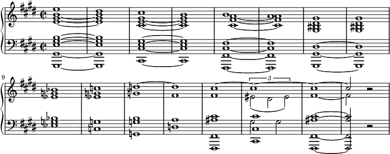 \relative c' {
\new PianoStaff <<
\new Staff <<
\new Voice {\set Staff.midiInstrument = #"brass section"
\voiceOne \clef "treble" \key e \major \stemDown \time 2/2 \set Score.tempoHideNote = ##t \tempo 2 = 55
<e gis b>1 _~ |
<e gis b>1 |
<cis e gis>1 _~ |
<cis e gis>1 |
<cis fis a>1 _~ |
<cis fis a>1 |
<gis bis dis>1 |
<gis bis dis>1 |
<es' g>1 |
<es g>1 |
g1 |
fis1 |
fis1 |
<>_(\times 2/3 {
eis2 dis2 eis2)
} |
fis1 _~ |
fis2 b2\rest |
}
\new Voice {
\voiceTwo
\clef "treble" \key e \major \stemUp \time 2/2
e1 |
dis1 |
cis1 |
b1 |
b1 |
a1 |
gis1 |
gis1 \break |
bes1 |
c1 |
d1 ^~ |
d1 |
cis1 ^~ |
cis1 ^~ |
cis1 ^~ |
cis2 s2 |
}
>>
\new Staff <<
{
\set Staff.midiInstrument = #"brass section" \key e \major \clef bass \time 2/2
<gis,,, gis' e' gis b>1 ~ |
<gis gis' e' gis b>1 |
<cis cis' e gis>1 ~ |
<cis cis' e gis>1 |
<fis, fis' cis' fis>1 ~ |
<fis fis' cis' fis>1 |
<gis gis' dis'>1 ~ |
<gis gis' dis'>1 |
<es'' g bes>1 |
<c g'>1 |
<g g' b>1 |
<d' a'>1 |
<fis,, fis' ais' cis>1 |
<cis' cis' cis'>1 |
<fis, fis' ais' cis>1 ~ |
<fis fis' ais' cis>2 r2 |
}
\new Voice {
\voiceFour
\clef "bass" \key e \major \stemDown \time 2/2
s1*8 s1*5 |
gis''2 gis2 |
s1*2 |
}
>>
>>
}
