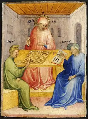 Image 23Niccolò di Pietro, 1413–15, The Conversion of Saint Augustin, Musée des Beaux-Arts, Lyon (from Chess in the arts)