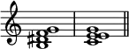 {
\override Score.TimeSignature #'stencil = ##f
\relative c' {
\clef treble
\time 4/4
\key c \major
<b dis f g>1 <c e e g> \bar "||"
} }
