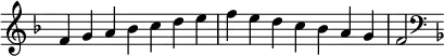 {
\override Score.TimeSignature #'stencil = ##f
\relative c' {
\clef treble \key f \major \time 7/4 f4 g a bes c d e f e d c bes a g f2
\clef bass \key f \major
} }