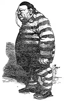 Caricature of a big, heavyset man in a striped convict suit, and wearing a monocle