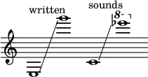 {
\new Staff \with { \remove "Time_signature_engraver" }
\clef treble \key c \major ^ \markup "written" \cadenzaOn
e1 \glissando g'''1
c'1 ^ \markup "sounds" \glissando \ottava #1 ees''''1
}