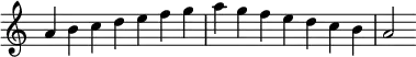 {
\override Score.TimeSignature #'stencil = ##f
\relative c'' {
\clef treble \key a \minor \time 7/4
a4 b c d e f g a g f e d c b a2
} }