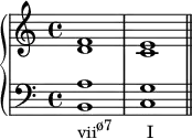 \new PianoStaff <<
\new Staff <<
\new Voice \relative c' {
\stemUp \clef treble \key c \major \time 4/4
f1 e
}
\new Voice \relative c' {
\stemDown
d1 c
}
>>
\new Staff <<
\new Voice \relative c' {
\stemUp \clef bass \key c \major \time 4/4
a1 g
}
\new Voice \relative c {
\stemDown
b1_\markup { \concat { "vii" \raise #1 \small "ø7" \hspace #4.5 "I" } } c \bar "||"
}
>>
>>