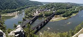 View of Harpers Ferry from Maryland Heights, at the confluence of the Shenandoah and Potomac rivers.