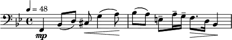 \relative c { \clef bass \time 4/4 \key bes \major \tempo 4 = 48 f,\mp bes8( d) cis\< g'4( a8)\! | bes( a) e-- a16-- g-- f8.\> d16 bes4\! }