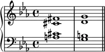 \new PianoStaff <<
\new Staff <<
\new Voice \relative c' {
\stemUp \clef treble \key c \minor \time 4/4
fis1 g
}
\new Voice \relative c' {
\stemDown
cis1 d
}
>>
\new Staff <<
\new Voice \relative c' {
\stemUp \clef bass \key c \minor \time 4/4
cis1 b
}
\new Voice \relative c' {
\stemDown
a1 g \bar "||"
}
>>
>>