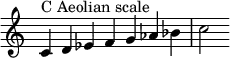 {
\override Score.TimeSignature #'stencil = ##f
\relative c' {
\clef treble \time 7/4
c4^\markup { C Aeolian scale } d es f g aes bes c2
} }