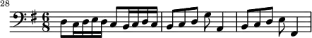 {
#(set-global-staff-size 18)
\set Score.currentBarNumber = #28
\bar ""
\key g \major \time 6/8
\relative c {
\clef bass
d8 c16 d e d c8 b16 c d c
b8 c d g a,4
b8 c d e fis,4
} }