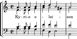 <<
\new StaffGroup <<
\new Staff \with { \magnifyStaff #1.0 \consists "Merge_rests_engraver" } { \clef treble \time 2/2 \key a \minor
\set Staff.midiInstrument = "trombone"
\set Staff.midiMinimumVolume = #0.7
\set Staff.midiMaximumVolume = #1.0
\relative c'
<< { a'4. a8 a4 b c d b2 a } \\
{ e4. e8 e4 g a a2 gis4 a2 } >>
}
\addlyrics { Ky -- ri -- e e -- _ lei -- _ _ son }
\new Staff \with { \magnifyStaff #1.0 \consists "Merge_rests_engraver" } { \clef bass \key a \minor \set Staff.midiInstrument = "trombone"
\relative c'
<< { c4. c8 c4 d f f e2 e } \\
{ a,4. a8 a4 g f d e2 a, } >>
}
>>
>>
\layout { indent = #0 }
\midi { \tempo 4 = 120 }