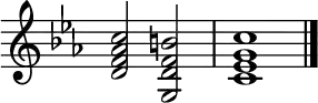{
\new Staff \with{ \magnifyStaff #3/2 \remove "Time_signature_engraver" } \relative c' {
\key c \minor \clef treble
<d f aes c>2 <g, d' f b> | <c ees g c>1 \bar "|."
} }