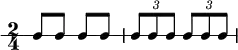 \new RhythmicStaff {
\clef percussion
\time 2/4
\set Score.tempoHideNote = ##t \tempo 4 = 100
c8 c c c
\tuplet 3/2 { c8 c c } \tuplet 3/2 { c8 c c }
}