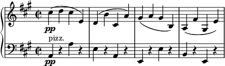 { \new PianoStaff <<
\new Staff \relative cis'' { \set Staff.midiInstrument = #"piano" \key a \major \clef treble \time 2/2 \set Score.tempoHideNote = ##t \tempo 2 = 90
cis4 \pp ( d4 cis4 e,4 ) | % 2
d4 ( b'4 cis,4 a'4 ) | % 3
gis4 ( a4 gis4 b,4 ) | % 4
a4 ( fis'4 gis,4 e'4 )
}
\new Staff \relative a, { \set Staff.midiInstrument = #"piano" \key a \major \clef bass \time 2/2
a4 \pp ^"pizz." r4 a'4 r4 | % 2
e4 r4 a,4 r4 | % 3
e4 r4 e'4 r4 | % 4
b4 r4 e,4 r4 }
>> }