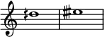 {
\override Score.TimeSignature #'stencil = ##f
\relative c'' {
\clef treble \time 4/4 \hide Staff.TimeSignature dih1 eisih
} }