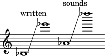 {
\new Staff \with { \remove "Time_signature_engraver" }
\clef treble \key c \major ^ \markup "written" \cadenzaOn
bes1 \glissando ees'''1
aes'1 ^ \markup "sounds" \glissando des''''1
}