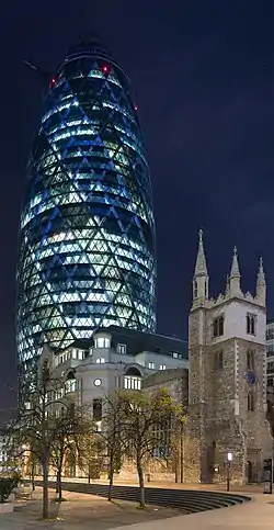 Image 230 St Mary Axe, London, widely known by the nickname "The Gherkin", and occasionally as a variant on The Swiss Re Tower, after its previous owner and principal occupier. Swiss Re is the world’s second-largest reinsurance company.