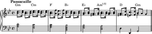 {
\new PianoStaff <<
\new Staff = "chords" \with{ \magnifyStaff #3/4 } <<
\new Voice \relative c' {
\set Staff.midiInstrument = #"harpsichord" \key g \minor \clef treble
\mark \markup { \abs-fontsize #10 { \bold { Passacaille } } }
<bes' d>8. <c ees>16 <a c>8. <bes d>16 <c ees>8. <c ees>16 <bes d>8. <c ees>16 |
<a c>8. <a f'>16 <g ees'>8. <a f'>16 <bes d>8. <bes d>16 <a c>8. <bes d>16 |
<g bes>8. <a c>16 <fis a>8. <g bes>16 <a c>8. <a c>16 <g bes>8. <a c>16 |
<fis a>8. <fis d'>16 <e c'>8. <fis d'>16 bes8 a g4 \bar "||"
}
\new Voice \relative c' {
s1 s s s2 \stemDown g'2
}
\new Staff \with{ \magnifyStaff #3/4 } \relative c' {
\set Staff.midiInstrument = #"harpsichord" \key g \minor \clef bass
<g bes d>2 <ees g c> <f a c> <bes, d f bes> <ees g bes> <c ees a> d4 d, g2
}
\addlyrics \with { alignAboveContext = "chords" } { \override LyricText.font-size = #-1.5 Gm Cm F B♭ E♭ \markup{\concat{Am\super{(♭5)}}} D _ Gm }
>> >> }