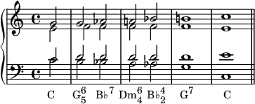 {
\new PianoStaff <<
\new Staff <<
\new Voice \relative c'' {
\set Score.tempoHideNote = ##t \tempo 2 = 80
\stemUp \clef treble \key c \major \time 4/4
\partial2 g2 g aes a! bes b!1 c
}
\new Voice \relative c' {
\stemDown
\partial2 e2 f f f f f1 e
}
>>
\new Staff <<
\new Voice \relative c' {
\stemUp \clef bass \key c \major \time 4/4
\partial2 c2 d d d d d1 e
}
\new Voice \relative c' {
\stemDown
\partial2 c2_\markup { \translate #'(-0.5 . 0) { \concat { "C" \hspace #3.5 "G" \combine \raise #1 \small 6 \lower #1 \small 5 \hspace #2 "B♭" \raise #1 \small { "7" } \hspace #1 "Dm" \combine \raise #1 \small 6 \lower #1 \small 4 \hspace #1 "B♭" \combine \raise #1 \small 4 \lower #1 \small 2 \hspace #3 "G" \raise #1 \small "7" \hspace #6 "C" } } }
b bes a aes g1 c, \bar "||"
}
>>
>> }
