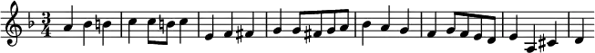 \relative c'' { \key d \minor \time 3/4 a bes b c c8 b c4 e, f fis g g8 fis g a bes4 a g f g8 f e d e4 a, cis d }
