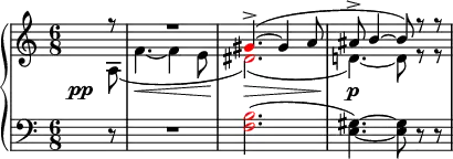 {
\new PianoStaff <<
\new Staff <<
\new Voice \relative c'' {
\clef treble \key a \minor \time 6/8
\voiceOne \partial8 r8 R2. \once \override NoteHead.color = #red gis4.->(~ gis4 a8 ais8-> b4~ b8) r r
}
\new Voice \relative c' {
\override DynamicLineSpanner.staff-padding = #4.5
\once \override DynamicText.X-offset = #-5
\voiceTwo \partial8 a\pp( f'4.~\< f4 e8 \once \override NoteHead.color = #red dis2.)(\> d!4.)~\p d8 r r
}
>>
\new Staff <<
\relative c {
\clef bass \key a \minor \time 6/8
\partial8 r8 R2. \once \override NoteHead.color = #red <f b>2.( <e gis>4.)~ <e gis>8 r r
}
>>
>> }