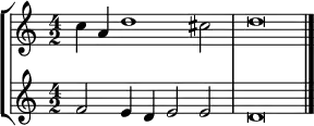 { << \new StaffGroup <<
\new Staff <<
\set Staff.midiInstrument = #"voice oohs"
\clef treble \time 4/2
\relative c'' {
\clef treble \time 4/2
c4 a d1 cis2 d\breve
}
>>
\new Staff <<
\set Staff.midiInstrument = #"voice oohs"
\clef treble \time 4/2
\new Voice \relative c' {
f2 e4 d e2 e d\breve \bar "|."
}
>>
>>
>> }