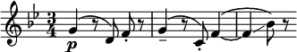 \relative c'' { \clef treble \key bes \major \time 3/4 \autoBeamOff g4\p( r8 d) f-. r | g4--( r8 c,-.) f4(~ | f\glissando bes8) r }