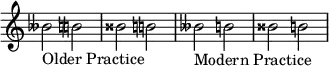 {
\override Score.TimeSignature #'stencil = ##f
\relative c'' {
\clef treble \time 4/4 \hide Staff.TimeSignature beses2_\markup "Older Practice" \tweak Accidental.restore-first ##t b bisis \tweak Accidental.restore-first ##t b beses_\markup "Modern Practice" b bisis b
} }
