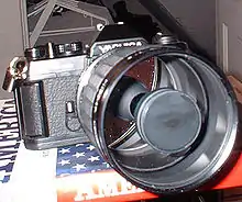500&nbsp;mm catadioptric lens mounted on a Yashica FX-3