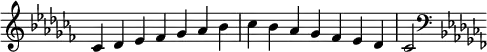 {
\override Score.TimeSignature #'stencil = ##f
\relative c' {
\clef treble \key ces \major \time 7/4 ces4 des es fes ges aes bes ces bes aes ges fes es des ces2
\clef bass \key ces \major
} }