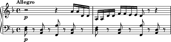 { \new PianoStaff <<
\new Staff \relative a' { \set Staff.midiInstrument = #"string ensemble 1" \key d \minor \clef treble \time 4/4 \set Score.tempoHideNote = ##t \tempo "Allegro" 4 = 100
r2 \p r4 a16 a16 d,16 d16 | % 2
a16 a16 d16 d16 f16 f16 e16 e16 d8 r8 r4
}
\new Staff \relative d { \set Staff.midiInstrument = #"string ensemble 1" \key d \minor \clef bass \time 4/4
<d f>8 \p r8 <a d>8 r8 <f a'>8
r8 <a d>8 r8 | % 2
<d f>8 r8 <a d>8 r8 <f a'>8 r8 <a d>8 r8 }
>> }