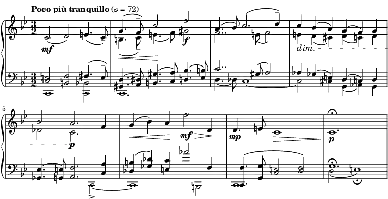 { \new PianoStaff <<
\new Staff \relative c' { \clef treble \time 3/2 \key bes \major \tempo "Poco più tranquillo" 2 = 72 c2(\mf d) e4.( c8)-- << { \stemUp g'4.(\< f8--) c'2\! f\f | a,4.( bes8) c2.( d4--) | c\dim bes( a) g( f) g | bes2 a2.\p } \\ { \stemDown b,4.( c8--) e4.( f8) gis2 | f2.. e8( f2) | e4 d( cis) d( c) d | des2 c2. } >> f4 | g(\< bes) a\! f'2\mf\> d,4\! | d4.(\mp e8 c1\> | c1.\!\fermata\p }
\new Staff \relative c { \clef bass \time 3/2 \key bes \major << { <e c>2 <f b,> fis4.( e8--) | <d gis,>4.( <dis a>8) <gis b,>4.( <a c,>8) <bes d,>4.( <b ees,>8) | c2.. gis8( a2) | aes4 ges( e) d( c) d | <ees ges,>4.( <e g,>8) <f a,>2. <a c,>4 | <b des,>( <des ges,>) <c e,> aes'2 f,4 | <f c,>4.( <g g,>8 <e c>2( <f d>) | g1.\fermata } \\ { c,,1 <bes' c,>2 | c,1. | d'4.( des8) c1~ | c2 cis4 g( aes) g | s1 c,2->~ | c1 b2 | c1 s2 | d'2( e1)\fermata } >> }
>> }