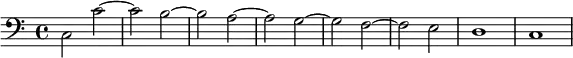 {
\new Staff <<
\new Voice \relative c' {
\stemDown \clef bass \key c \major \time 4/4 \tempo 1 = 60 \set Score.tempoHideNote = ##t
c,2 c'~ c b~ b a~ a g~ g f~ f e d1 c
}
>>
}