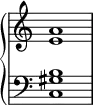 {
\override Score.TimeSignature #'stencil = ##f
\relative c' { \new PianoStaff <<
\new Staff { \clef treble \time 4/4 <e a>1 }
\new Staff { \clef bass \time 4/4 <c, gis' b>1 }
>> } }