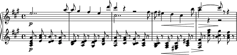 { \new PianoStaff <<
\new Staff \relative e'' { \set Staff.midiInstrument = #"string ensemble 1" \key a \major \clef treble \time 4/4 \set Score.tempoHideNote = ##t \tempo 4 = 100 \stemUp
e2.. \p a8 ~ | % 2
a8 gis4 fis4 e4 d'8 | % 3
<< { \voiceOne cis4 r4 r2
s1
cis2 ~ cis8 r8 r4 }
\new Voice { \voiceTwo cis,2.. fis8 ~
fis8 eis4 \< d4 cis4 b'8\!
a4\> r4 r2\! }
>> \oneVoice
}
\new Staff \relative a { \set Staff.midiInstrument = #"string ensemble 1" \key a \major \clef treble \time 4/4
<a cis e a>8 \p r8 <e' a cis>8
r8 <d e b'>8 r8 <cis e a>8 r8 | % 2
<b d e>8 r8 <a d e>8 r8 <gis d' e>8 r8 <b e gis>8 r8 | % 3
<a e' a>8 r8 <cis fis a>8 r8 <b cis gis'>8 r8 <a cis fis>8 r8 |
<gis b cis>8 r8 \< <fis a cis>8 r8 <eis gis cis>8 r8 <a cis eis>8 \! r8\> |
<fis cis' fis>8 r8 \! <cis'' fis a>8 r8 <b cis gis'>8 r8 <a cis fis>8 r8}
>> }