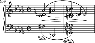 {
\new PianoStaff <<
\new Staff <<
\new Voice \relative c'' {
\set Score.currentBarNumber = #109
\bar ""
\clef treble \key bes \minor \time 2/2
\override DynamicLineSpanner.staff-padding = #2.5
\voiceOne a2(\< ais b4.\> d,8 d2)\!
}
\new Voice \relative c' {
\clef treble \key bes \minor \time 2/2
\voiceTwo <c d>1 b1
}
\new Voice \relative c' {
\clef treble \key bes \minor \time 2/2
\voiceTwo d1~ \stemUp d4.
}
>>
\new Staff <<
\new Voice \relative c {
\clef bass \key bes \minor \time 2/2
fis2\sustainOn_( d, <g d' g>1\sustainOff\sustainOn)
}
>>
>> }