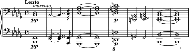 \new PianoStaff <<
\new Staff \relative c {
\clef bass \key bes \minor \time 4/4 \tempo "Lento" \set Staff.midiInstrument = #"trombone"
<des bes>1-\pp^\markup { \italic "marcato" }
\once \override Staff.TimeSignature #'stencil = ##f \time 33/32 % just to make the 16th note sound more consistent
bes2~bes4.. <f' c>16*3/2
\once \override Staff.TimeSignature #'stencil = ##f \time 4/4
<bes ges des>1~q
<d a f d>1-\p <bes, g d>2 <c a f ees> <des bes f des>1~q
}
\new Staff \relative c, {
\clef bass \key bes \minor \time 4/4 \set Staff.midiInstrument = #"trombone"
<f bes,>1-\pp
\once \override Staff.TimeSignature #'stencil = ##f \time 33/32 % just to make the 16th note sound more consistent
<ges ees>2~q4.. <f aes,>16*3/2
\once \override Staff.TimeSignature #'stencil = ##f \time 4/4
<ges ges,>1~q
\ottava #-1 <d d,>1-\p g,2 f <bes bes,>1~q
}
>>