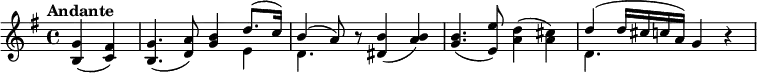 {\set Staff.midiInstrument = #"violin" \key g \major \tempo "Andante" \tempo 4 = 60 \partial 2
<b g'>4 (<c' fis'>4) <b g'>4. (<d' a'>8) \stemUp <g' b'>4 << { \voiceOne d''8. (c''16) b'4 (a'8) }
\new Voice { \voiceTwo e'4 d'4. } >> \oneVoice r8
<dis' b'>4 (<a' b'>4) <g' b'>4. (<e' e''>8) \stemDown <a' d''>4 (<a' cis''>4) \stemUp << { \voiceOne d''4 (d''16 cis''16 c''16 a'16) g'4 }
\new Voice { \voiceTwo d'4. } >> \oneVoice r4
}