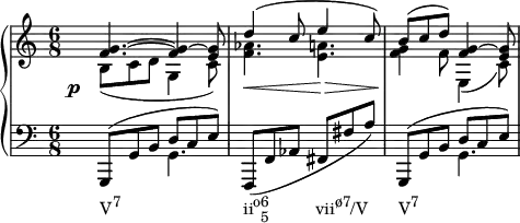 {
#(set-global-staff-size 16)
\new PianoStaff <<
\new Staff <<
\new Voice \relative c' {
\stemUp \clef treble \key c \major \time 6/8
<f g>4.^~ <f g>4^~ <e g>8
d'4^( c8 e4 c8)
b^( c d) <f, g>4^~ <e g>8
}
\new Voice \relative c' {
\stemDown
\override DynamicText.X-offset = #-4
\override DynamicLineSpanner.staff-padding = #4
b8_(\p c d g,4 c8)
<f aes>4.\< <e a>4.\>
<f g>4\! f8 e,4_( c'8)
}
>>
\new Staff <<
\new Voice \relative c, {
\clef bass \key c \major \time 6/8
\stemUp g8^( g' b d c e)
\stemNeutral f,,( f' aes fis fis' a)
\stemUp g,,8^( g' b d c e)
}
\new Voice \relative c {
\stemDown
s4._\markup { \concat { "V" \raise #1 \small "7" \hspace #16 "ii" \raise #1 \small "o" \combine \raise #1 \small 6 \lower #1 \small 5 \hspace #6 "vii" \raise #1 \small "ø7" "/V" \hspace #4 "V" \raise #1 \small "7" } } g s2. s4. g
}
>>
>>
}