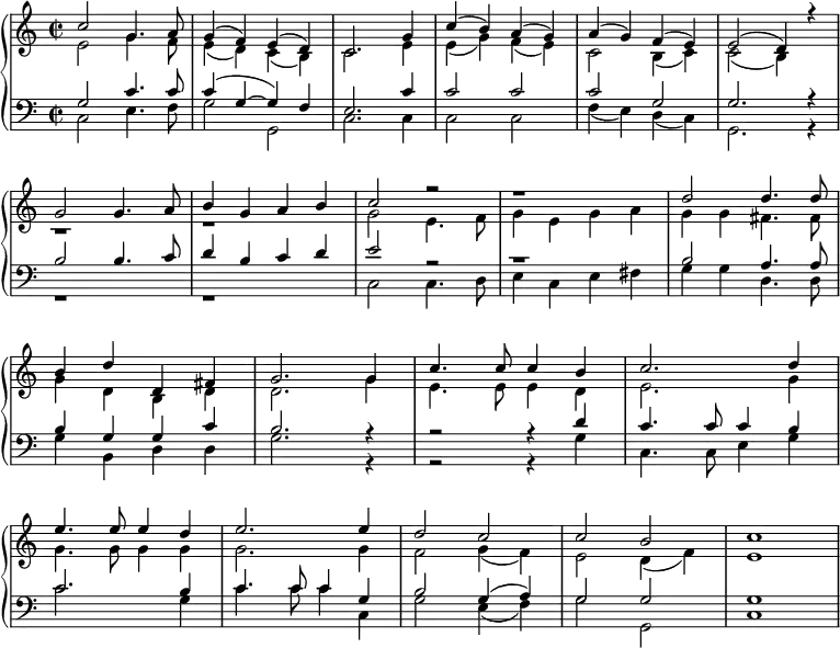 { \new PianoStaff <<
\language "english"
\new Staff <<
\new Voice \relative c'' { \set Score.tempoHideNote = ##t \override Score.BarNumber #'transparent = ##t \tempo 2 = 74 \voiceOne \clef treble \key c \major \time 2/2
c2 g4. a8 | g4( f) e( d) | c2. g'4 | c( b) a( g) | a( g) f( e) | e2( d4) r4 | \break
g2 g4. a8 | b4 g a b | c2 r2 | r1 | d2 d4. d8 | \break
b4 d d, fs | g2. g4 | c4. c8 c4 b | c2. d4 | \break
e4. e8 e4 d | e2. e4 | d2 c | c b | c1
}
\new Voice \relative c' { \voiceTwo
e2 g4. f8 | e4( d) c( b) | c2. e4 | e( g) f( e) | c2 b4( c) | c2( b4) s4 |
r1 | r | g'2 e4. f8 | g4 e g a | g g fs4. fs8 |
g4 d b d | d2. g4 | e4. e8 e4 d | e2. g4 |
g4. g8 g4 g | g2. g4 | f2 g4( f) | e2 d4( f) | e1
}
>>
\new Staff <<
\new Voice \relative c' { \clef bass \key c \major \time 2/2 \voiceOne
g2 c4. c8 | c4( g ~ g) f | e2. c'4 | c2 c | c g | g2. r4 |
b2 b4. c8 | d4 b c d | e2 r2 | r1 | b2 a4. a8 |
b4 g g c | b2. r4 | r2 r4 d | c4. c8 c4 b4 |
c2. b4 | c4. c8 c4 g | b2 g4( a) | g2 g | g1
}
\new Voice \relative c { \voiceTwo
c2 e4. f8 | g2 g,2 | c2. c4 | c2 c | f4( e) d( c) | g2. r4 |
r1 | r | c2 c4. d8 | e4 c e fs | g g d4. d8 |
g4 b, d d | g2. r4 | r2 r4 g | c,4. c8 e4 g4 |
c2. g4 | c4. c8 c4 c, | g'2 e4( f) | g2 g, | c1
}
>> >> }